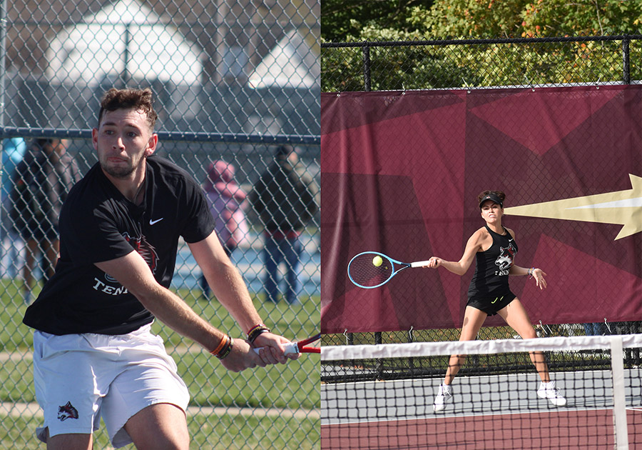 A collage image of male & female tennis players during a match.